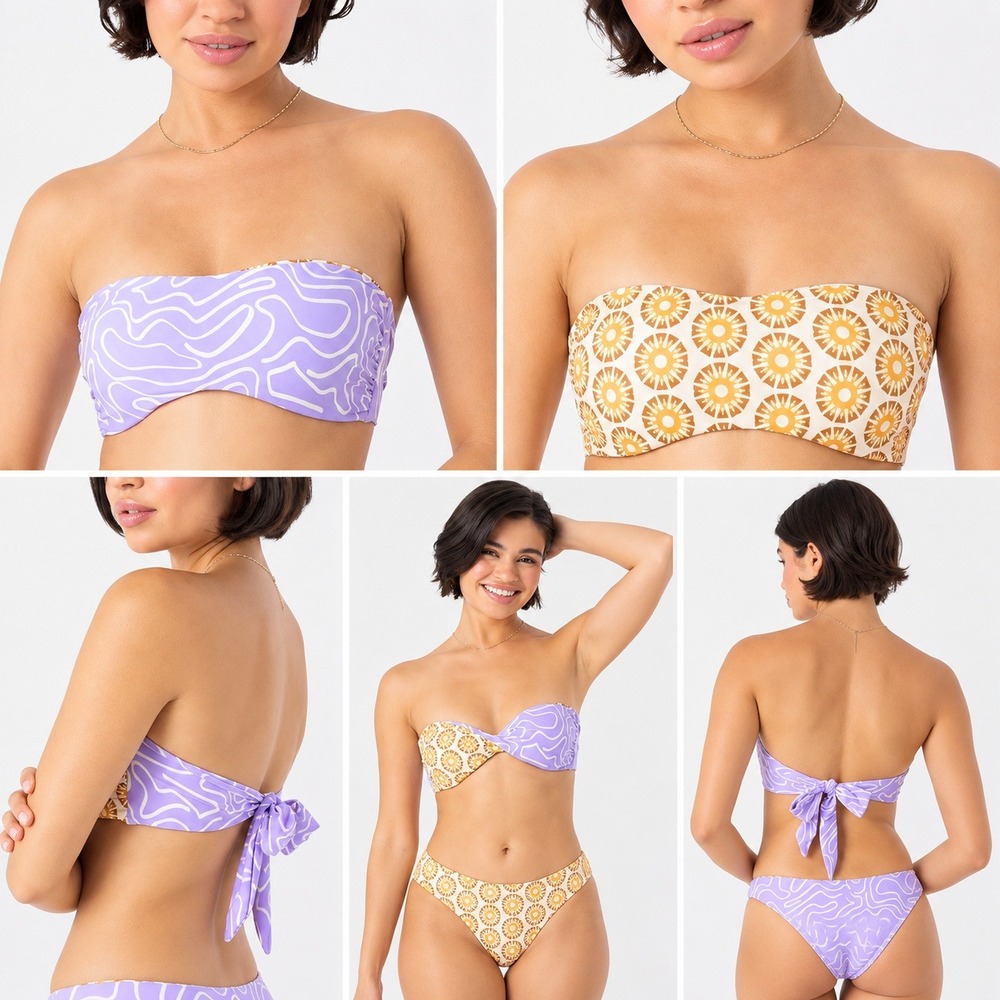NWT Roxy Bikini Top Women Purple Yellow Reversible Bandeau Small Sunshine State